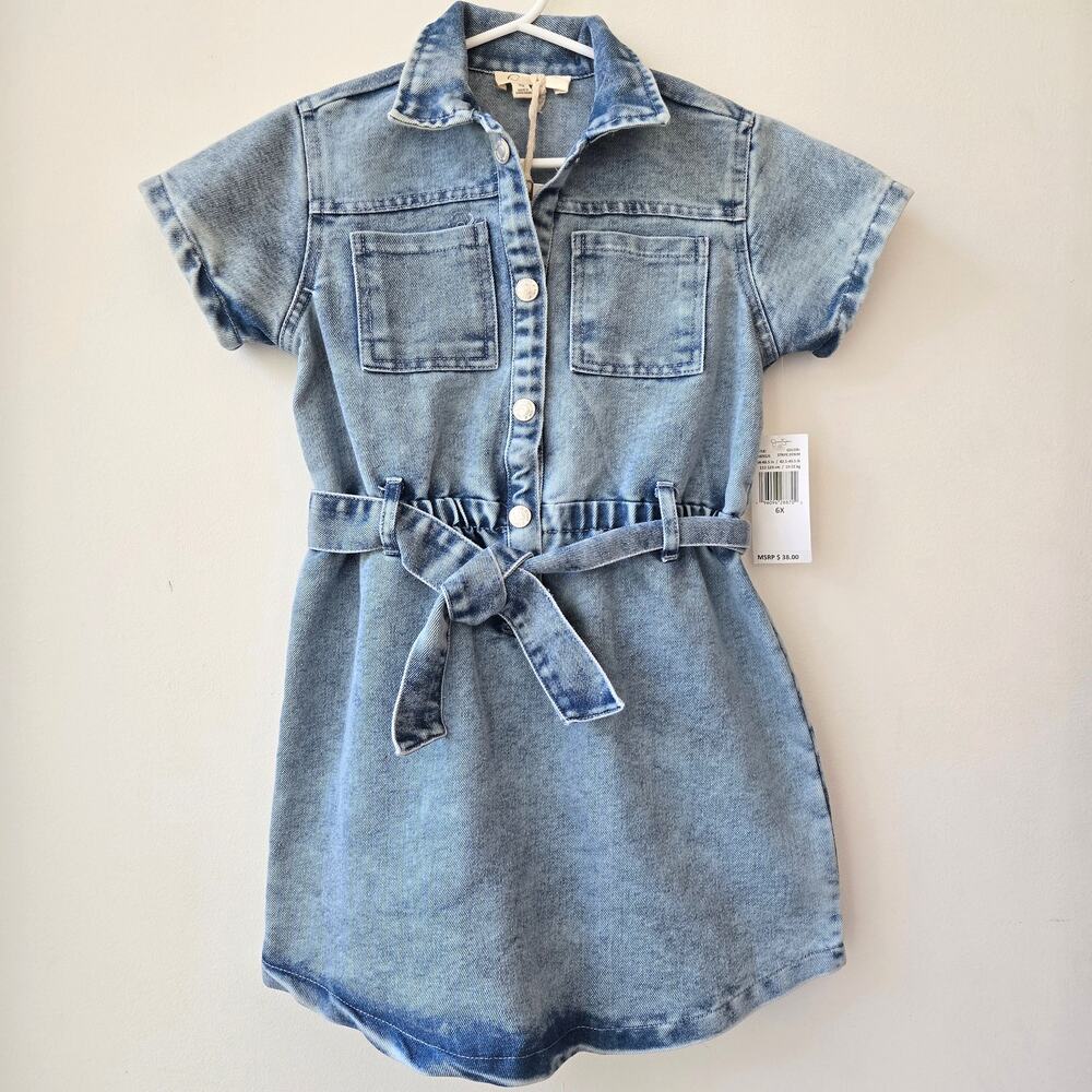 Jessica Simpson NEW Girls Denim Button Up Short Sleeve Dress with Belt Size 6X